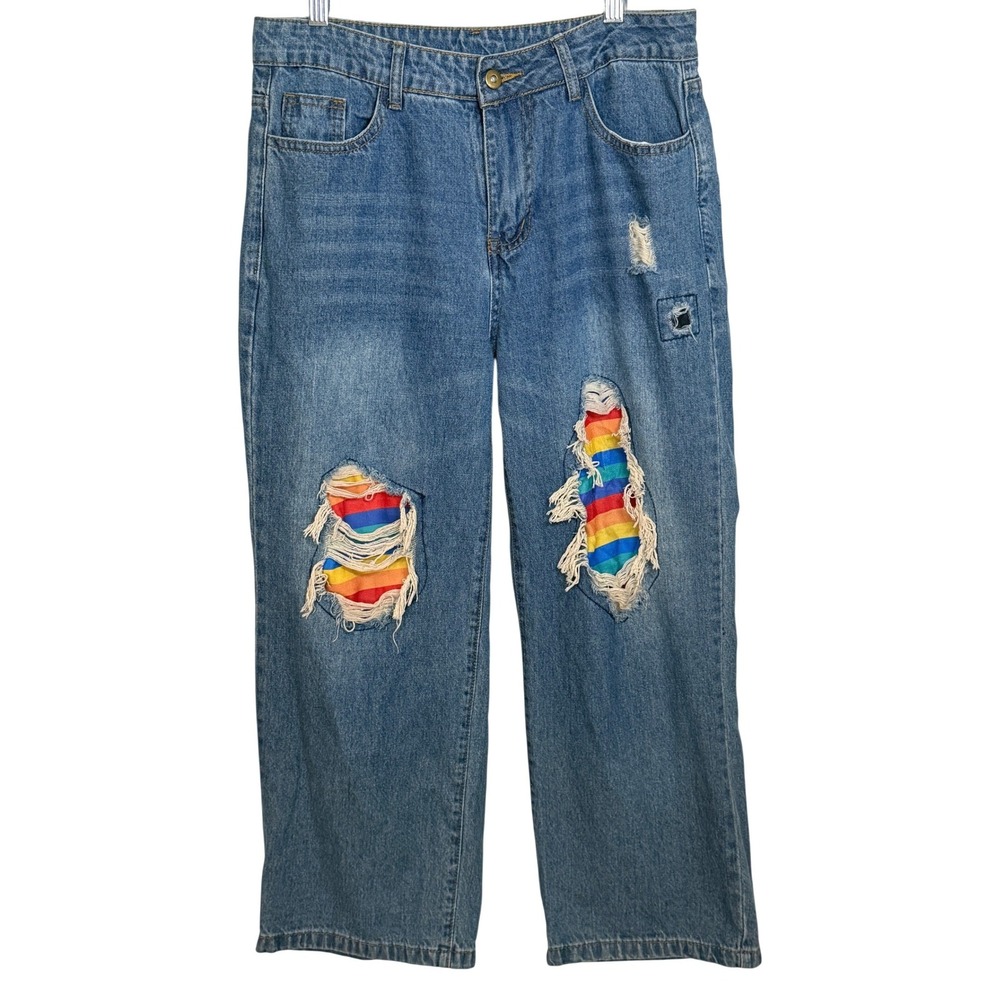 Distressed Wide Leg Rainbow Patch Denim Jeans Womens M 30 Crop Baggy High Rise